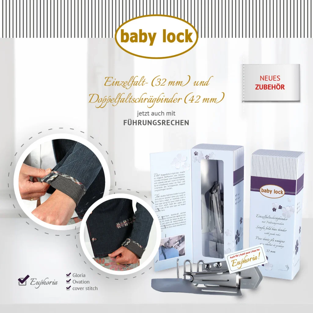 Baby Lock Einzelfaltschrägbinder mit Führungsrechen 32-12 mm für Euphoria, Gloria, Ovation, Coverstich