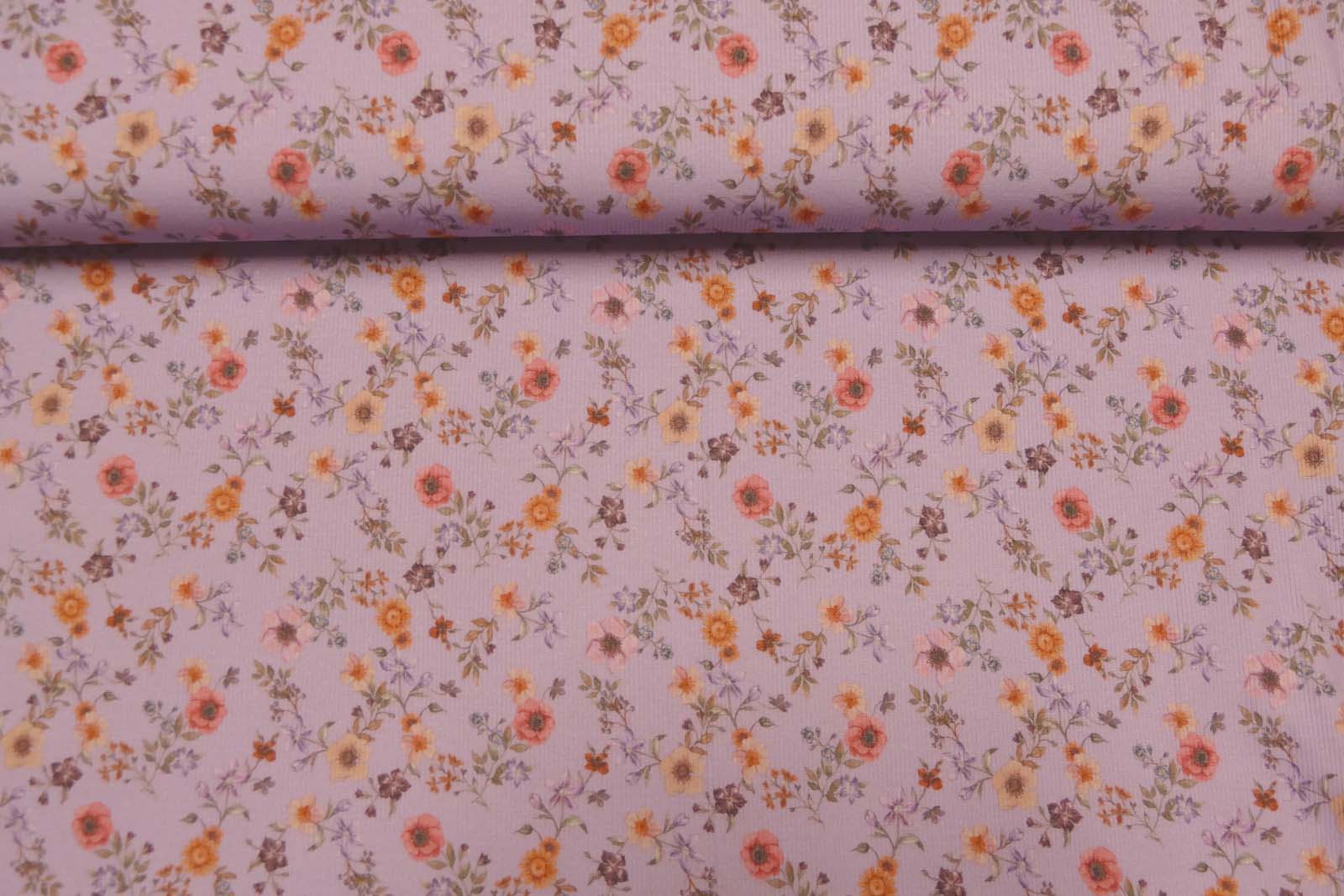 Baumwoll  Rippenjersey lila Blümchen  639